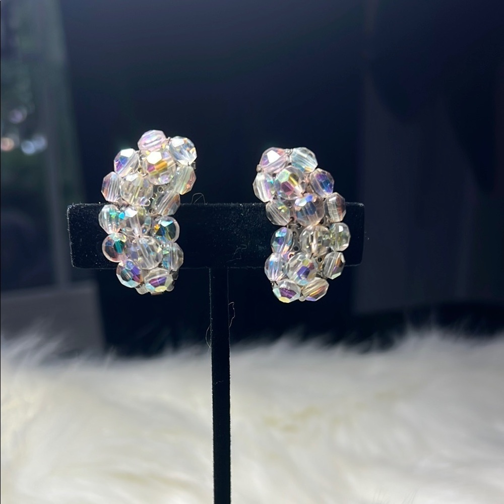 Vintage aurora borealis Crystal Beaded Clip On Earrings